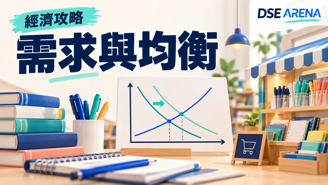 文具市場與供需線卡片呈現需求移動的彩色插畫