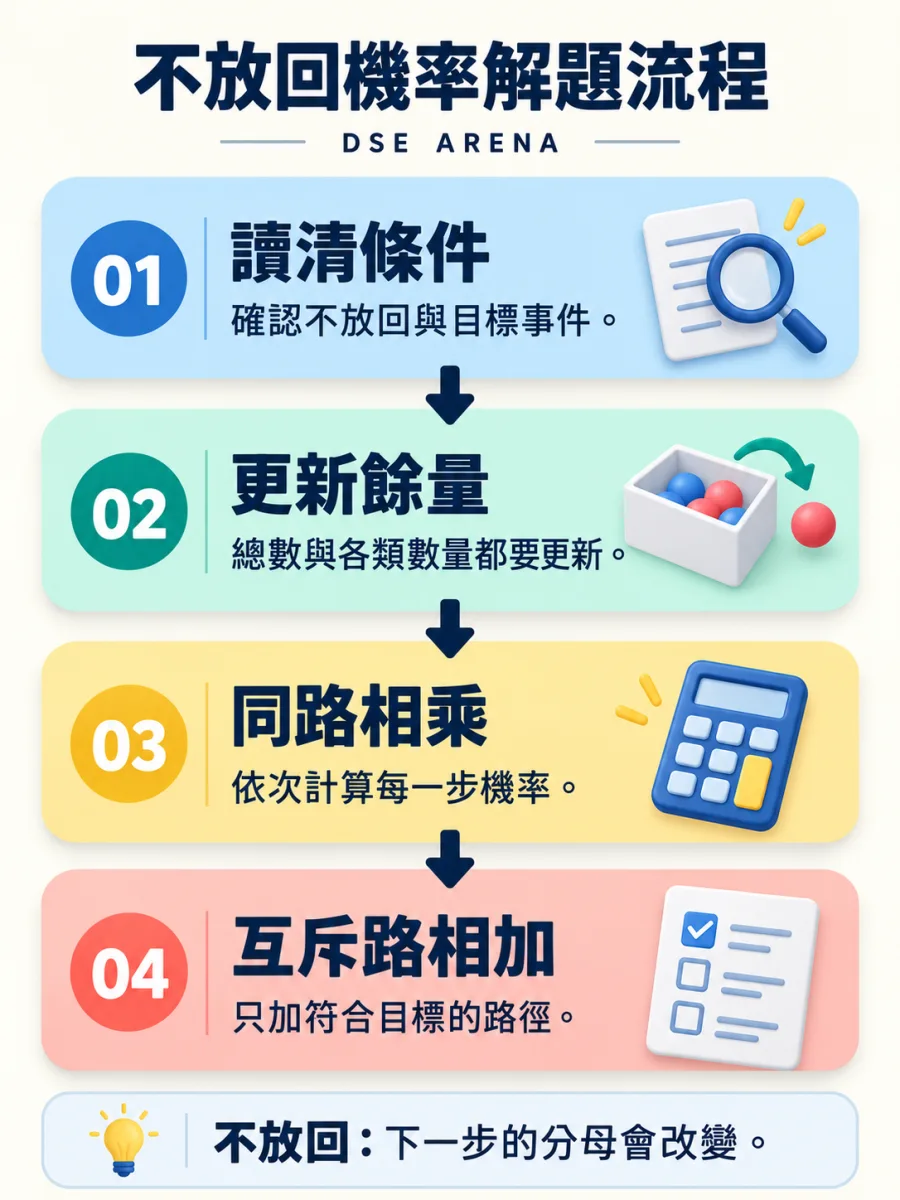 不放回機率四步解題流程;完整文字步驟見圖下方。