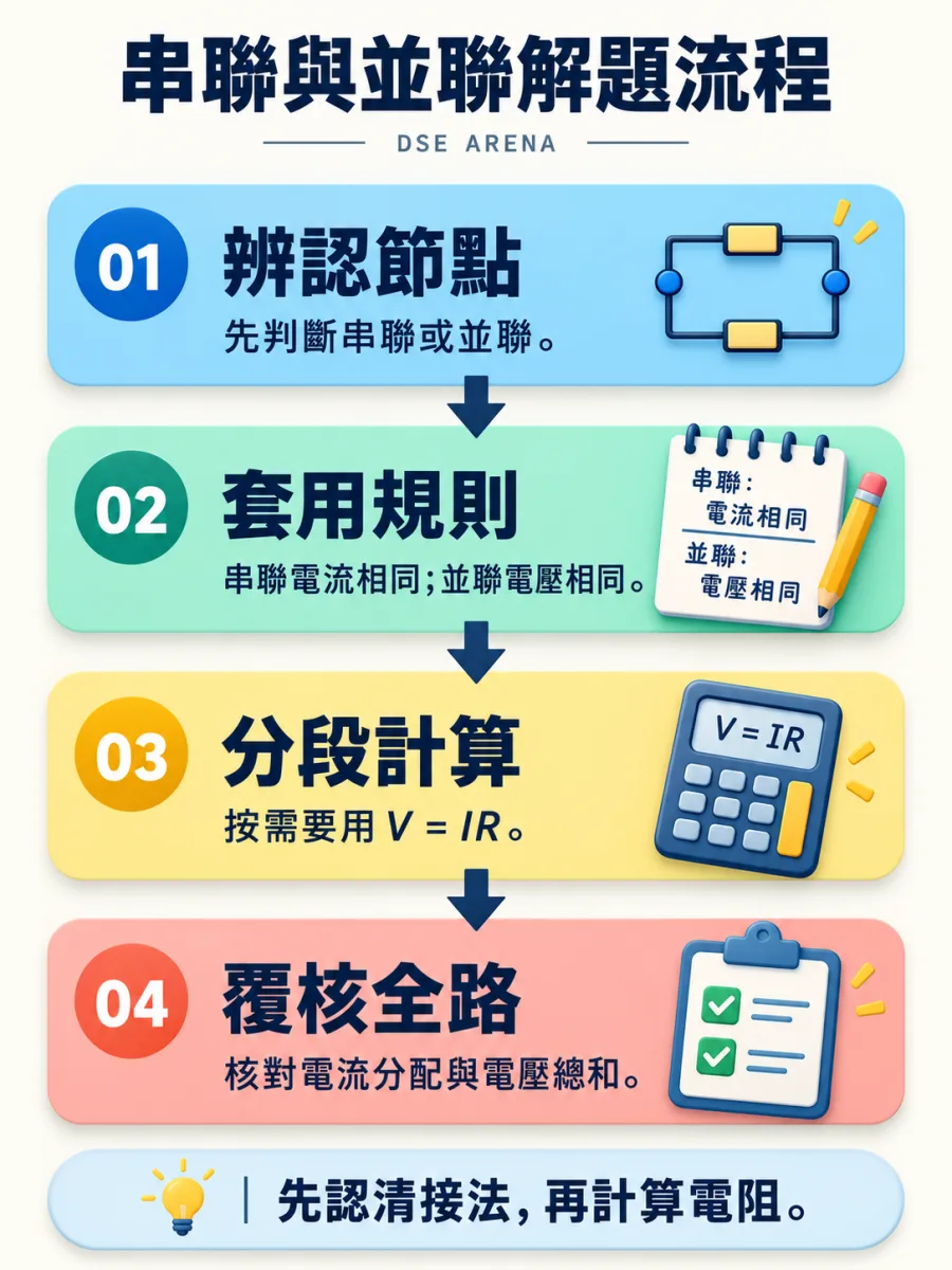 串聯與並聯四步解題流程;完整文字步驟見圖下方。