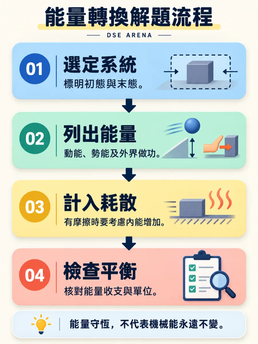 能量轉換四步解題流程;完整文字步驟見圖下方。